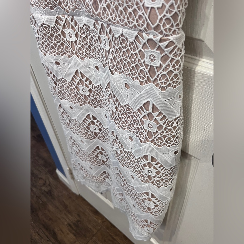 Lulus white and tan style lace overlay bodycon dress coquette fairy wedding - Picture 4 of 15